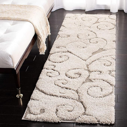 SAFAVIEH Florida Shag Collection Runner Rug - 2'3" x 15', Cream & Beige, Scroll Design, Non-Shedding & Easy Care, 1.2-inch Thick Ideal for High Traffic Areas in Living Room, Bedroom (SG455-1113)