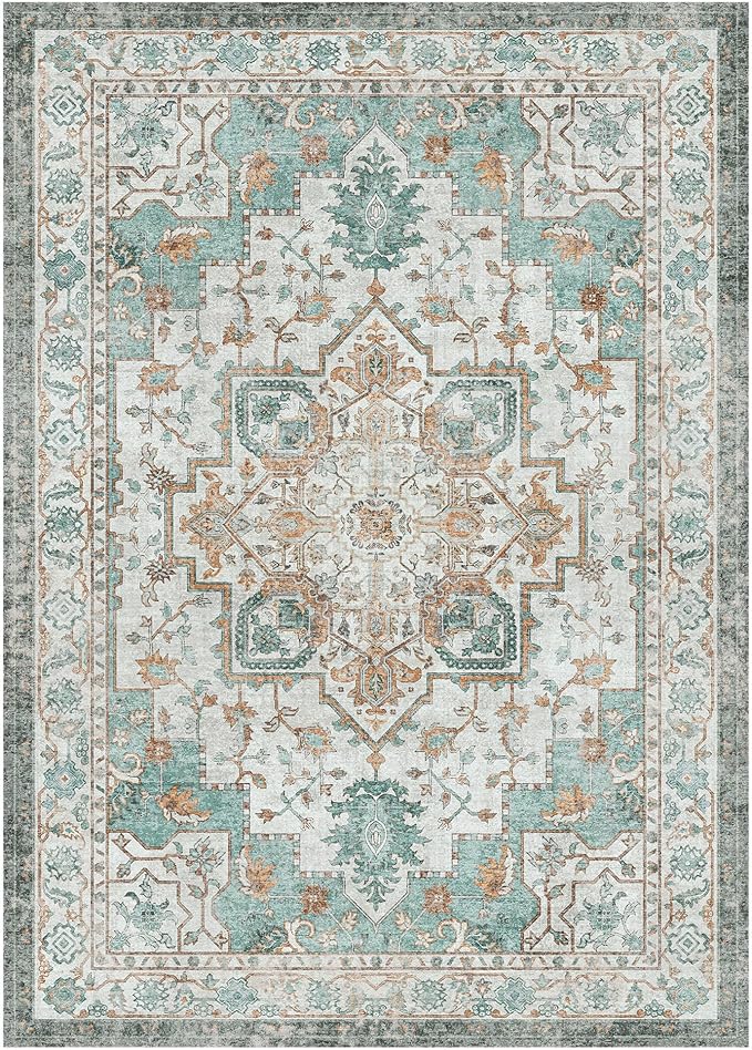 GENIMO 5x7 Area Rugs for Living Room, Machine Washable Non Slip Vintage Rugs, Low Pile Lightweight Chenille Print Rug for Bedroom, Dining Room, Home Office, Cyan