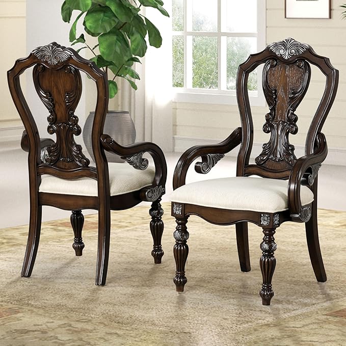 Furniture of America Byrne Traditional Arm Chairs Set of 2, Comfortable Upholstered Seating with Ornate Corbels and Decoractive Backrest for Dining Room, Kitchen, and Living Room, Dark Brown