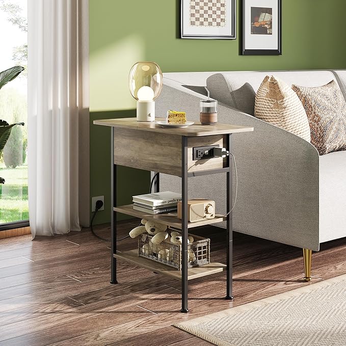 WLIVE End Table with Charging Station, Flip Top Side Table with Storage Shelf, Narrow Bedside Table for Living Room, Sofa Couch Table with USB Ports and Outlets, Bedroom Nightstand, Greige
