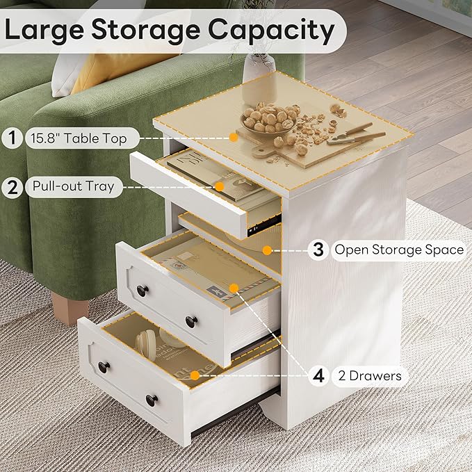 LIKIMIO Night Stand, Modern Bedside Table with 2 Drawers, Open Shelf, End Table with Pull-Out Tray, Wood SideTable, White