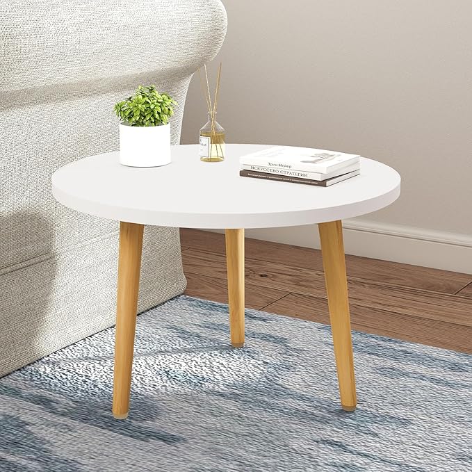 Round Coffee Table Low Table with 3 Solid Wood Sturdy Legs, Floor Table Desk for Sitting on The Floor, Storage and Living Room Furniture (White)