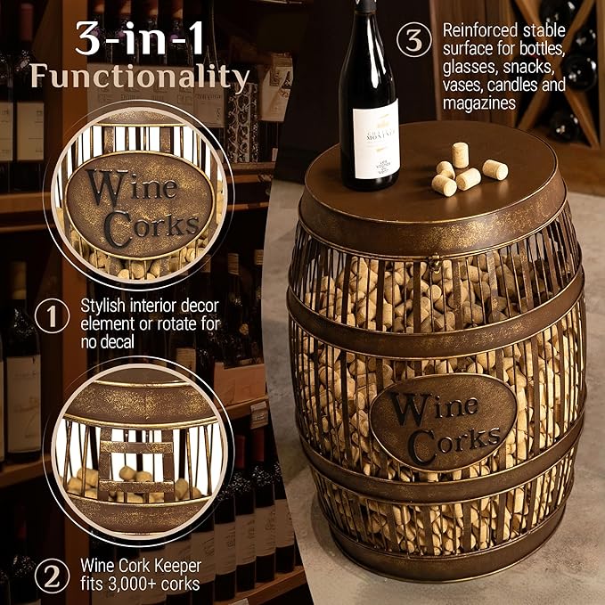 Wine Barrel Table - Cork Catcher Accent Table. Cork Holder Decorative and Storage - 3000 Corks - Large