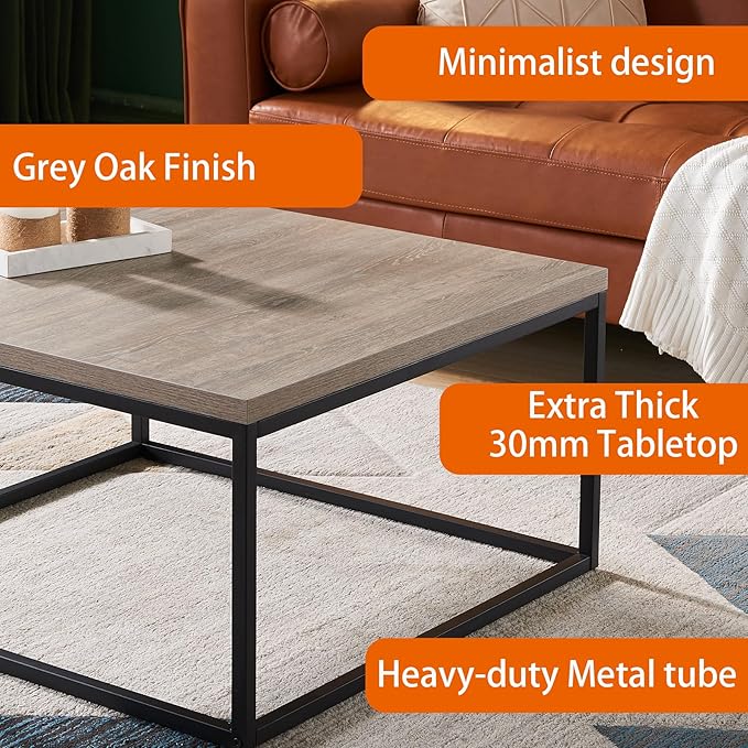 CENSI 30"x30" Grey Wash Accent Coffee Table Ottoman for Living Room, Modern Industrial Style, 1.2" Extra Thick Tabletop (French Oak)