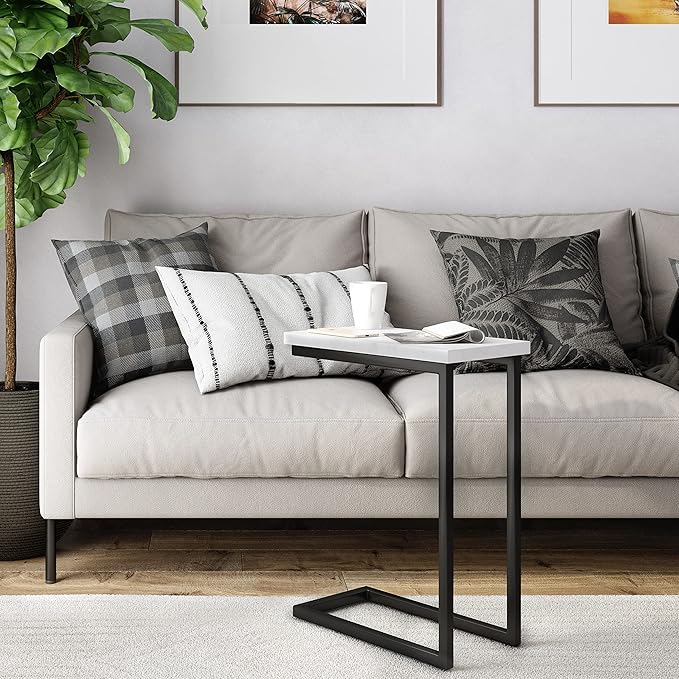 SIMPLIHOME Skyler 18-inch Wide Metal Table in White/Black, C-Shaped Industrial-Style Side Table with Genuine Marble Top for Living Room, Bedroom, or Home Office