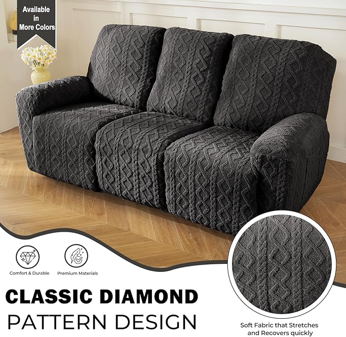 vctops 8 Pieces Geometric Jacquard Plush Recliner Sofa Covers Soft Fuzzy Fluffy 3 Seats Couch Cover Anti-Slip Sofa Slipcover Furniture Protector with Elastic Bottom for Kids Pet(Dark Grey,3 Seat)