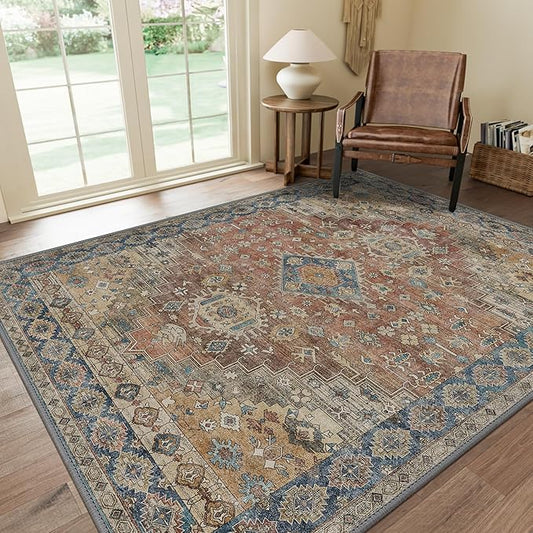 GENIMO 6x9 Area Rugs for Living Room, Machine Washable Non Slip Vintage Rugs, Low Pile Lightweight Chenille Print Rug for Bedroom, Dining Room, Home Office, Antique Red
