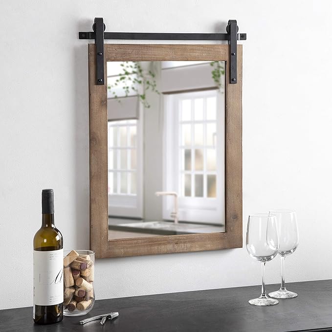 Kate and Laurel Cates Farmhouse Wood Framed Wall Mirror, 18 x 26, Rustic Brown, Barn Door-Inspired Rustic Mirrors for Wall