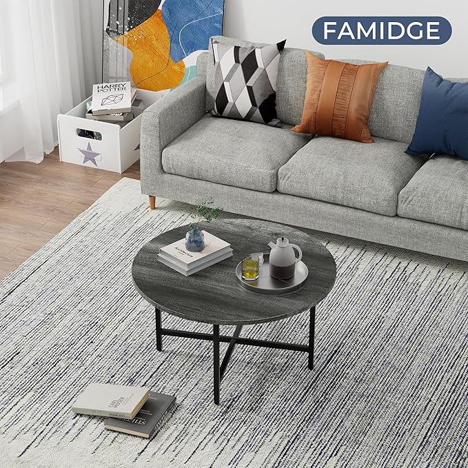 Coffee Table, 23.6" Coffee Tables for Living Room, Round Coffee Table with Metal Frame, Floor Table for Sitting on The Floor, Home, Office, Elegant Gray