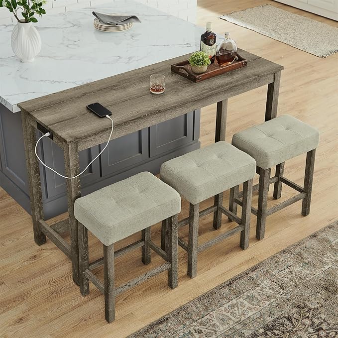 KEIKI 4-Piece Bar Table Set with Charging Station - 59" Industrial Kitchen Table & 3 Upholstered Stools, USB/Type-C/AC Outlets, Solid Wood Frame - for Dining Room, Apartment, Living Room (Brown)