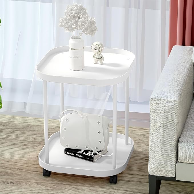 Side Table with Wheels, End Table Living Room Plastic Mobile Sofa Side Table Small Night Stand Bedroom White (2 Pack)