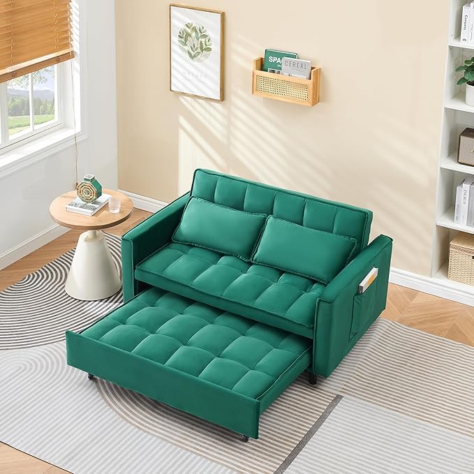 Ball & Cast 55" Convertible Sofa Bed,3 in 1 Sleeper Sofa W/Pull-Out Bed,Convertible Pull Out Couch W/2 Pillows,Adjustable Backrest & Side Pocket,Velvet Futon Couches for Living Room,Apartment,Green