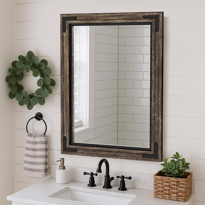 YOSHOOT Farmhouse Bathroom Mirror, Rustic Wood Mirror, Wooden Framed Vanity Mirror, Solid Wood & Handmade, Vertical or Horizontal Hanging for Bathroom Entryway Living Room Bedroom, 40" x 30", Brown