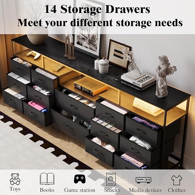 70.9" W Large TV Stand for 65/75/80 inchs TVs,14 Drawer Long Dresser with Charging Station and LED Lights,Entertainment Center with Storage for Living Room (Black, 70.9" W)