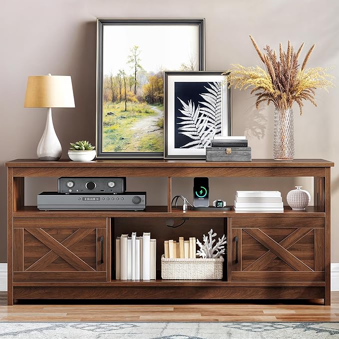 YITAHOME TV Stand for 65/55 Inch TV, Farmhouse Entertainment Center with Storage, Power Outlets and Open Shelf, Media Console TV Cabinet for Living Room, Walnut