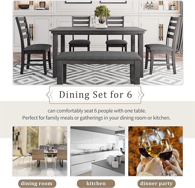 SogesPower 6-Piece Rustic Dining Table Set for 4-6,Rectangular Farmhouse Kitchen Table Set with 4 Chairs & 1 Bench for Dining Room Living Room,Gray