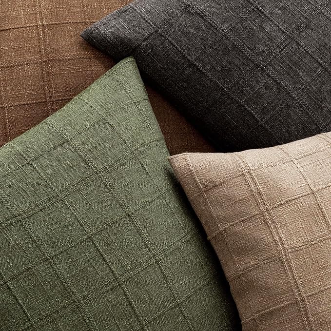 Foindtower Set of 2 Decorative Linen Check Throw Pillow Covers Neutral Farmhouse Vintage Cushion Covers Modern Boho Home Decor for Sofa Chair Couch Bedroom Living Room Outdoor,20×20 Inch,Brown Hazel