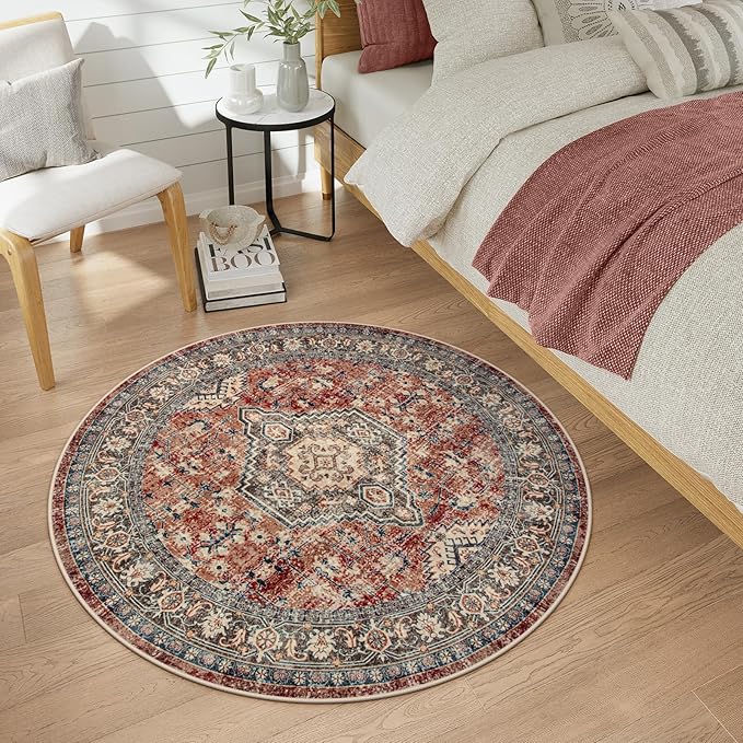 Lahome Oriental Washable Round Rugs, Non-Slip Round Rug 4ft Ultra-Thin, Vintage Soft Small Circle Carpet for Entryway Kitchen Bedroom Nursery Bathroom, Brick Red