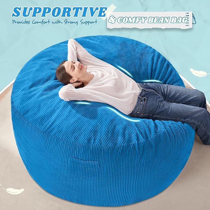HABUTWAY 5FT Bean Bag Chair,Giant Bean Bag Chairs for Adults,Big Bean Bags with Memory Foam Filled, Large Beanbag Chairs with Soft Corduroy Cover-Blue
