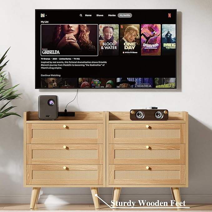 Rattan Nightstand with Charging Station, Night Stand with 3 Large Drawers, Side Table with USB Ports and Outlets, Bedside End Table for Bedroom