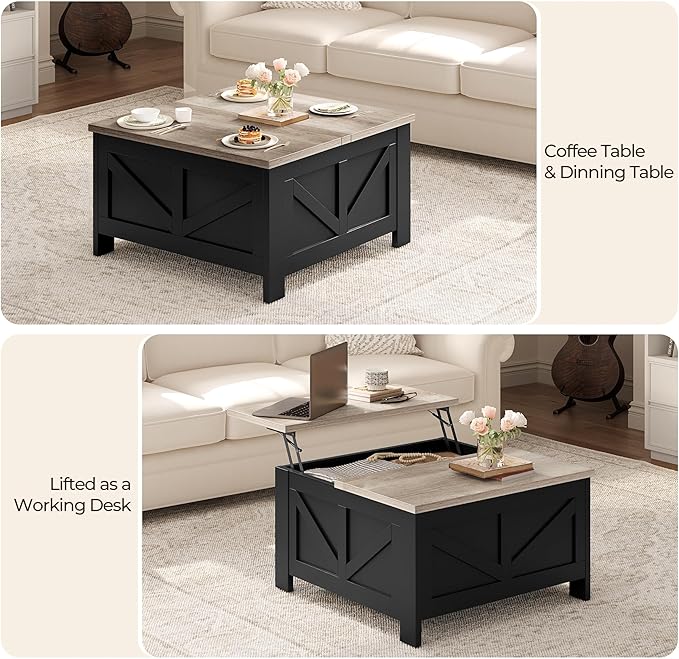 Yaheetech Lift Top Coffee Table with Storage, Square Coffee Table for Living Room, 31.5 Inches Center Tables with Large Hidden Storage Compartment for Home Office, Black&Gray