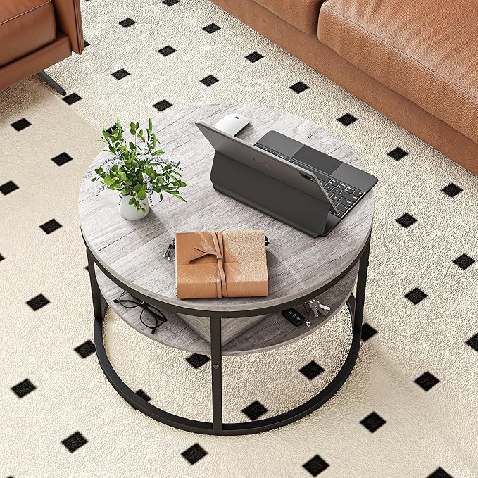 Round Coffee Table with Storage,Lift Top Coffee Table for Living Room Reception Room,2 Tier Small Round Table Dining Center,Grey