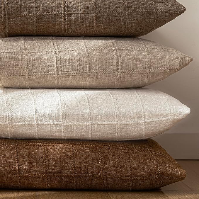 Foindtower Set of 2 Decorative Linen Check Throw Pillow Covers Neutral Farmhouse Vintage Cushion Covers Modern Boho Home Decor for Sofa Chair Couch Bedroom Living Room Outdoor,22×22 Inch,Cream White