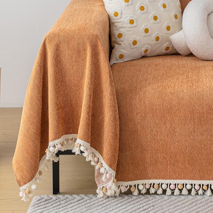 HANDONTIME Dark Orange Sofa Covers Couch Cover for Dogs Colorful Tassel Sofa Seat Cover Lovetseat Cover Pet Couch Cover Bohemian Sofa Cover for Couch Vintage Boho Couch Covers Futon Cover, 91" X118"