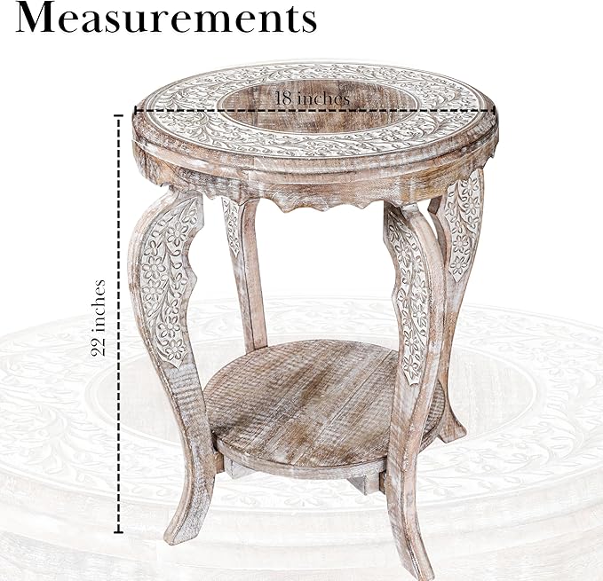 The Wooden Town Farmhouse Round Accent End Table,Rustic Side Table Nightstands for Living Room Bedroom,Coffee Tables,Wood Tray Top,Handcrafted Finish, 18"x22" - White Wash