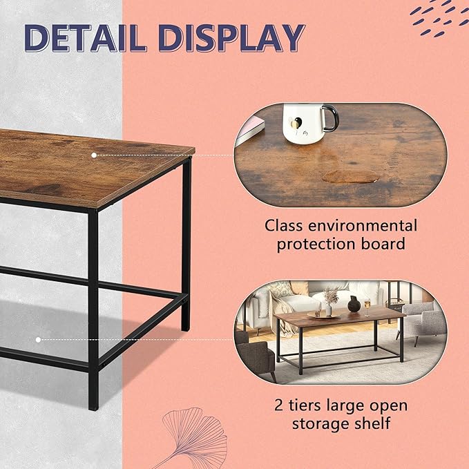 SENIG Coffee Table, Modern Industrial Style Rectangular Table, Brown Wood and Sturdy Metal Side End Table, Rustic Accent Functional Coffee Table for Living Room. 39.3 x 20 x 16