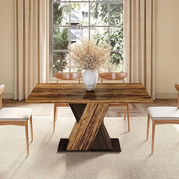 LITTLE TREE 55-Inch Dining Table for 6, Wooden Rectangle Kitchen Table, Large Dining Room Tables, Industrial Dinner Table with Heavy Duty Pedestal, Rustic Brown