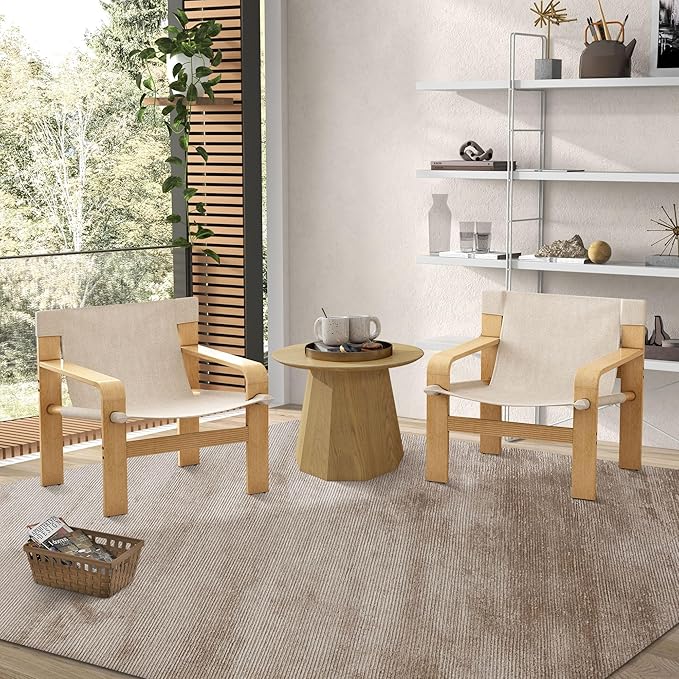 Ball & Cast Accent Chair Wide Armrest Mid-Century Lounge Living Room Chairs with Linen Fabric Armchair & Rubber Wood Frame,Detachable and Washable Seating Furniture for Bedroom,White