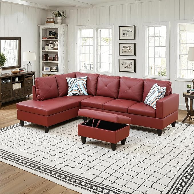 NicBex Sectional Couch 3 Pieces Sofa Set with Right Chaise Faux Leather L Shaped Cloud Couch for Living Room Furniture Sets with Storage Ottoman, Modular Sofa for Living Room & Apartment, Red