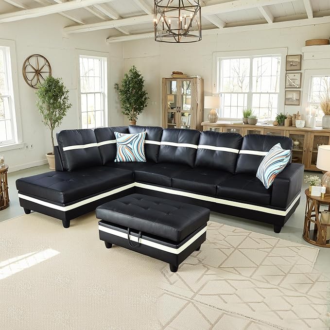 NicBex Sectional Couch 3 Pieces Sofa Set with Right Chaise PU Synthetic Leather L Shaped Cloud Couch for Living Room Furniture Sets with Storage Ottoman, Modular Sofa for Apartment, Black+White