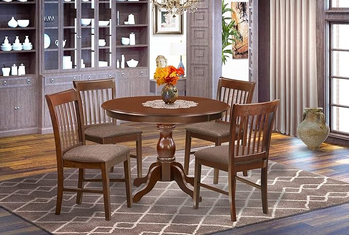 East West Furniture HBNF5-MAH-C 5 Piece Dining Table Set for 4 Includes a Round Kitchen Table with Pedestal and 4 Linen Fabric Dining Room Chairs, 42x42 Inch, Mahogany