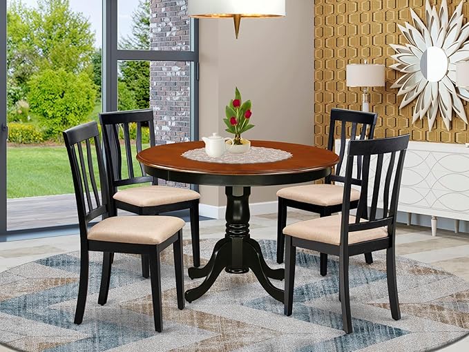 East West Furniture HLAN5-BCH-C 5 Piece Kitchen Table Set for 4 Includes a Round Dining Room Table with Pedestal and 4 Linen Fabric Upholstered Dining Chairs, 42x42 Inch, Black & Cherry