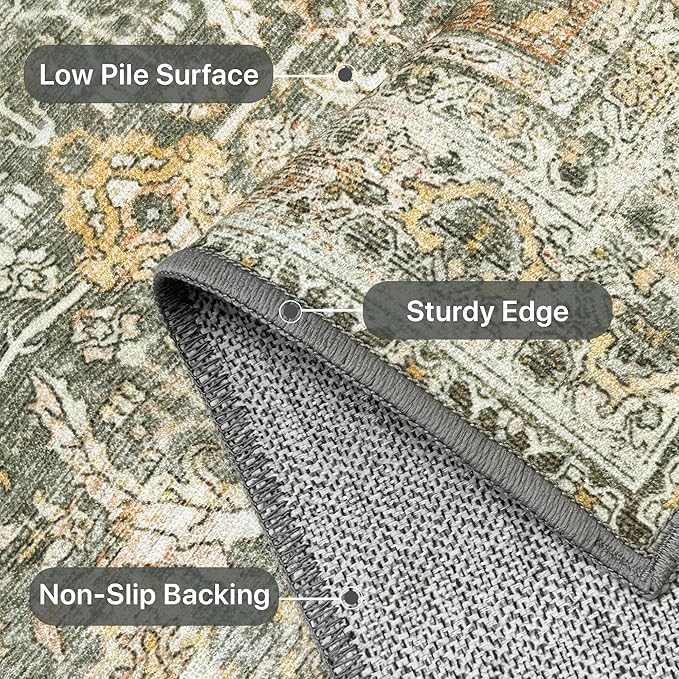 10X14 Area Rugs Machine Washable Rugs for Living Room, Vintage Boho Large Rugs for Bedroom Dining Room, Non Slip Indoor Soft Distressed Lightweight Thin Low Pile Carpet, Turmeric
