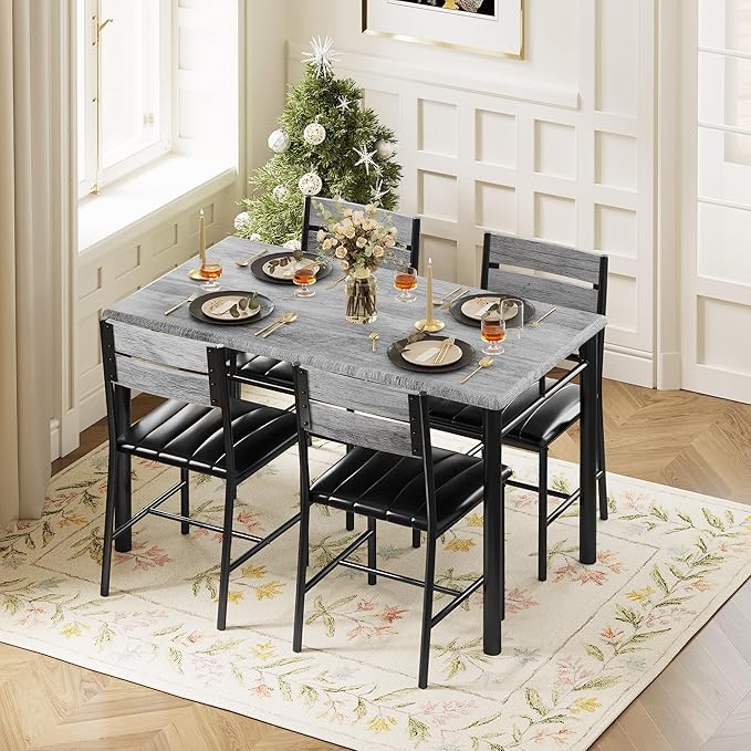 IRONCK Dining Table Set for 4, Wood Kitchen Table with Upholstered Chairs for Kitchen Room and Small Spaces, Grey