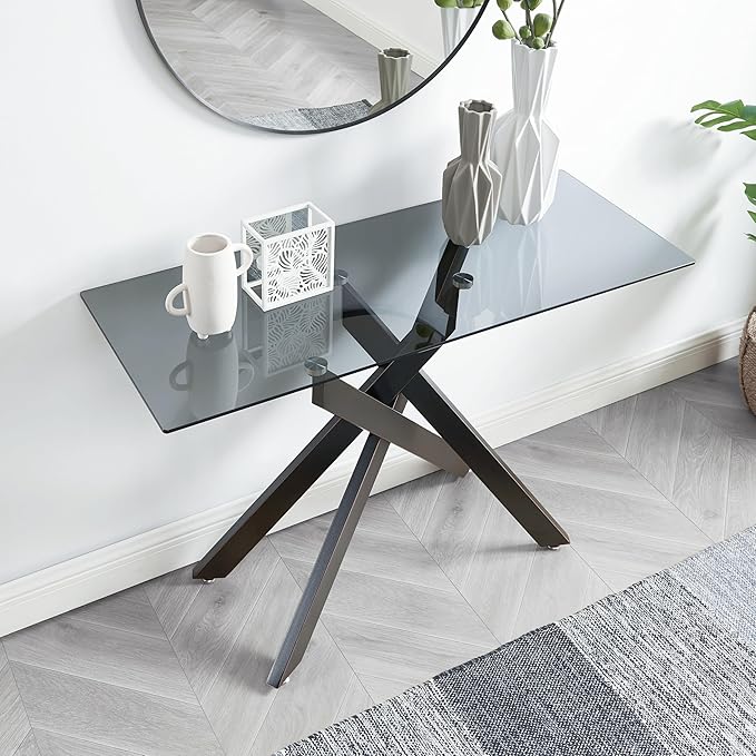Modern Style Console Table Narrow Sofa Table with Grey Tempered Glass Top and Black Metal Tubular Legs with Gold Rim, 45”Lx18”Wx30”H