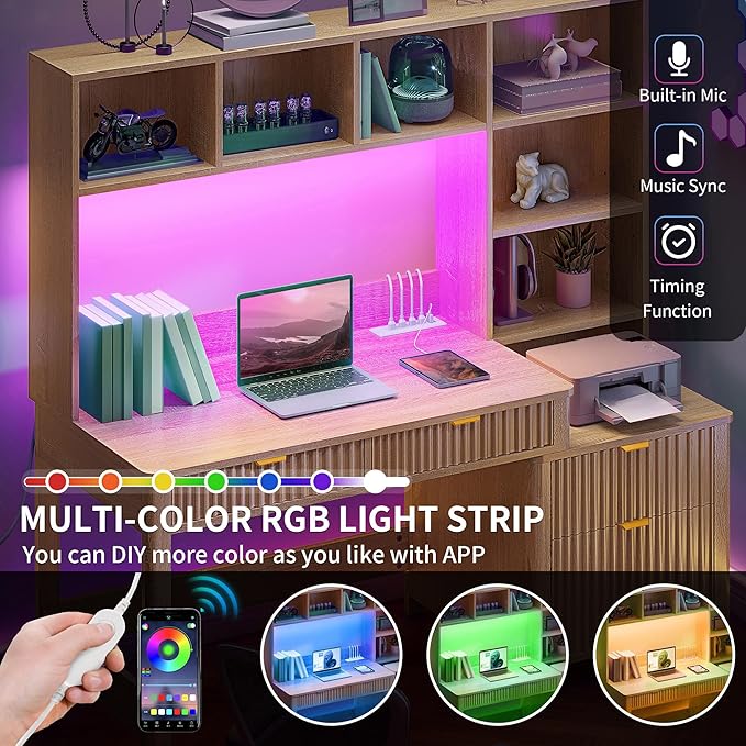 YITAHOME Computer Desk with Hutch and Drawers, 55" Office Desk with Storage Shelves and Printer Stand, Gaming Desk with Power Outlets & LED Lights, Fluted Sturdy Writing Workstation, Natural Oak