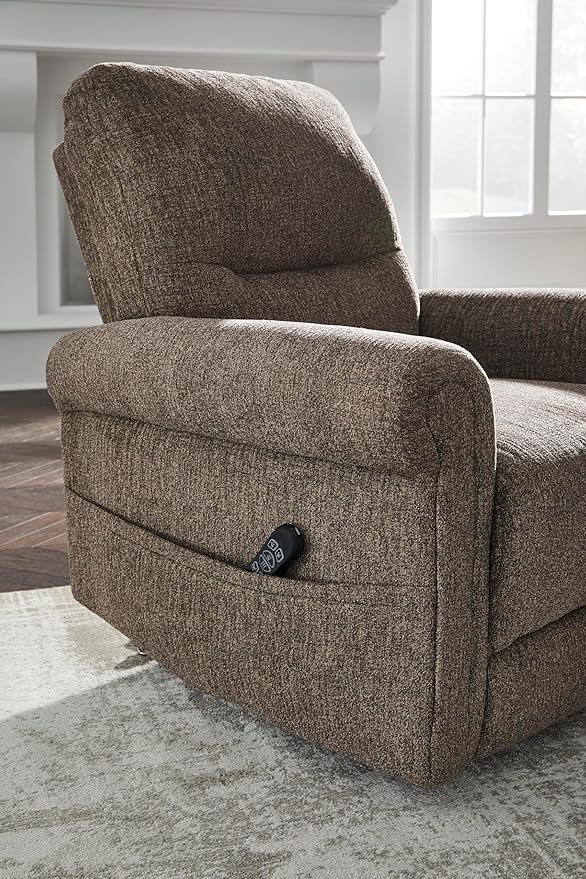 Signature Design by Ashley Aureta Classic Stain Resistant Power Lift Recliner with Side Pocket, Heat and Massage, Dark Brown