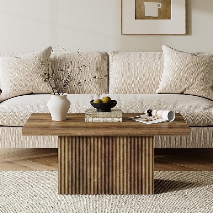 47-Inch Large Coffee Table with Pedestal, Living Room Center Table Rectangle Thickened Tabletop, Farmhouse Low Cocktail Tea Furniture for Living Room, Apartments, Rustic Brown