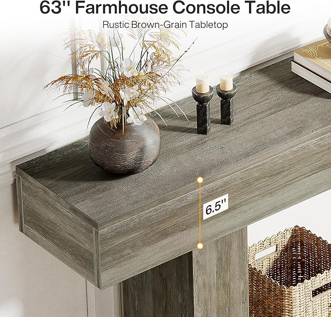 Tribesigns 63" Console Table, Farmhouse 2-Tier Entryway Table with U-Shaped Base, Narrow Long Wood Sofa Table Behind Couch Table for Living Room, Hallway, Foyer, Light Gray