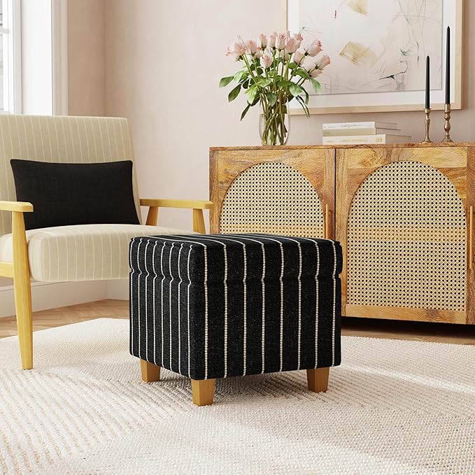 HomePop Home Decor |K7342-F2372 | Classic Square Storage Ottoman with Lift Off Lid- Black with Boucle Stripe