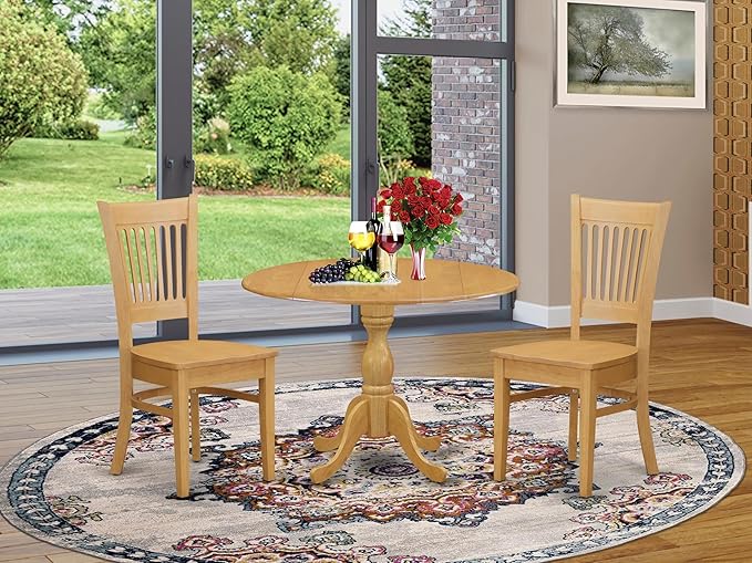 East West Furniture DMVA3-OAK-W 3 Piece Dinette Set for Small Spaces Contains a Round Dining Table with Dropleaf and 2 Dining Room Chairs, 42x42 Inch, Oak