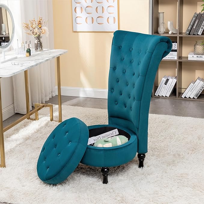 Container Furniture Royal High-Back Velvet Accent Chair for Vanity with Storage and Luxurious Upholstery, Retro Design and Versatile Usage for Livingroom, Bedroom, Lounge and Office, Greenish Blue