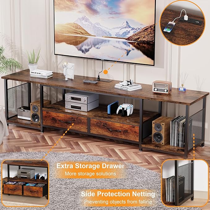 TV Stand with Drawers and Power Outlets for 75 70 65 Inch TV, Entertainment Center with Open Storage Shelves, Industrial Media TV Console Table for Living Room Bedroom Office, Rustic Brown