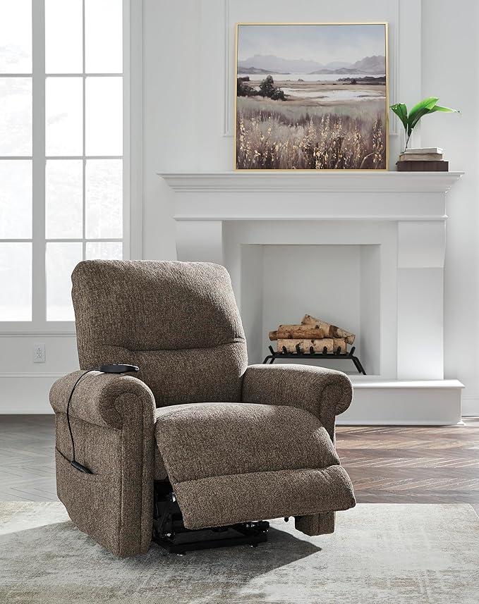 Signature Design by Ashley Aureta Classic Stain Resistant Power Lift Recliner with Side Pocket, Heat and Massage, Dark Brown
