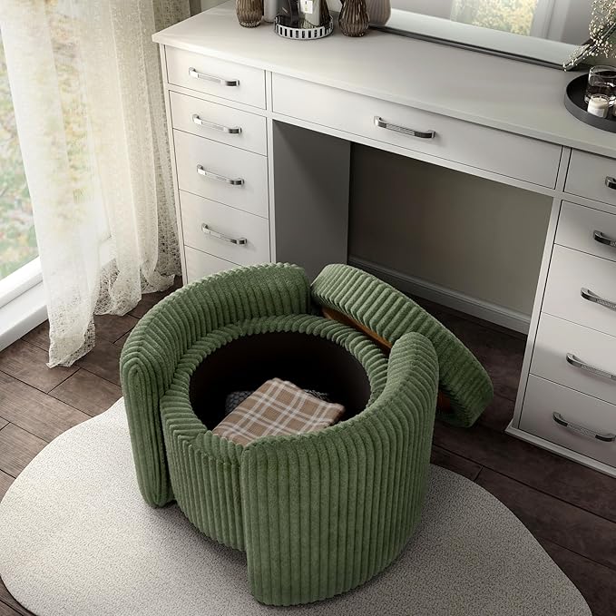 Furniture of America Lennox Modern Chenille 25-inch Round Storage Ottoman with Reversible Flip Top, Upholstered Footstool for Living Room, Bedroom, Entryway, Green