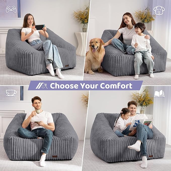 HABUTWAY Bean Bag Chair, Giant Bean Bag Chairs for Adults and Kids, Bean Bag Sofa, Lazy Floor Sofa, Faux Fur Beanbag Chair with Armrests for Living Room Bedroom (Grey)